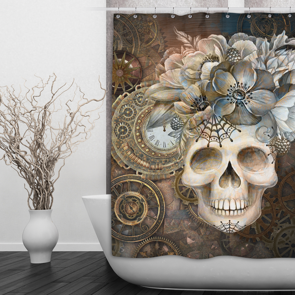 Steampunk Clock and Floral Skull Shower Curtains and Optional Bath Mats