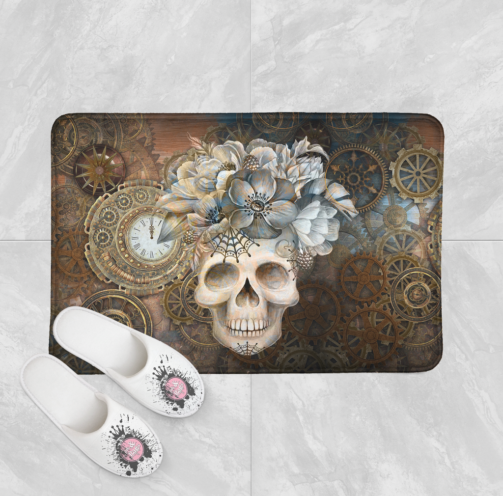 Steampunk Clock and Floral Skull Shower Curtains and Optional Bath Mats