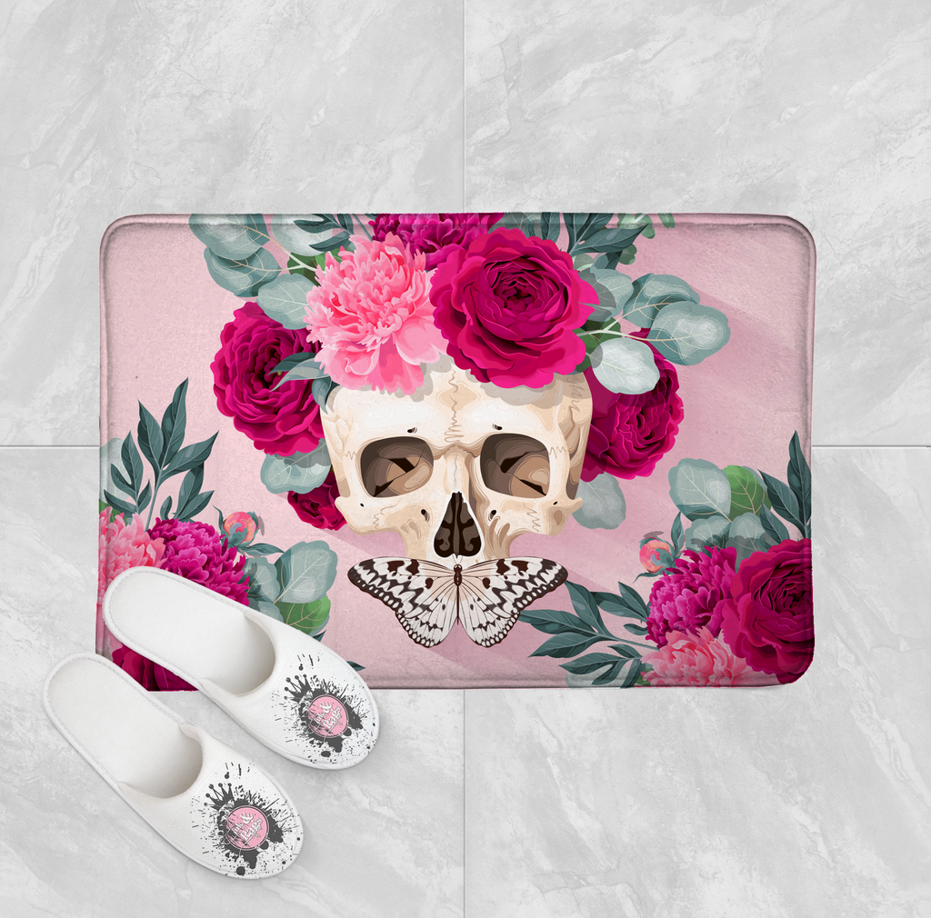 Powder Pink and Fuchsia Rose Butterfly Skull Shower Curtains and Optional Bath Mats
