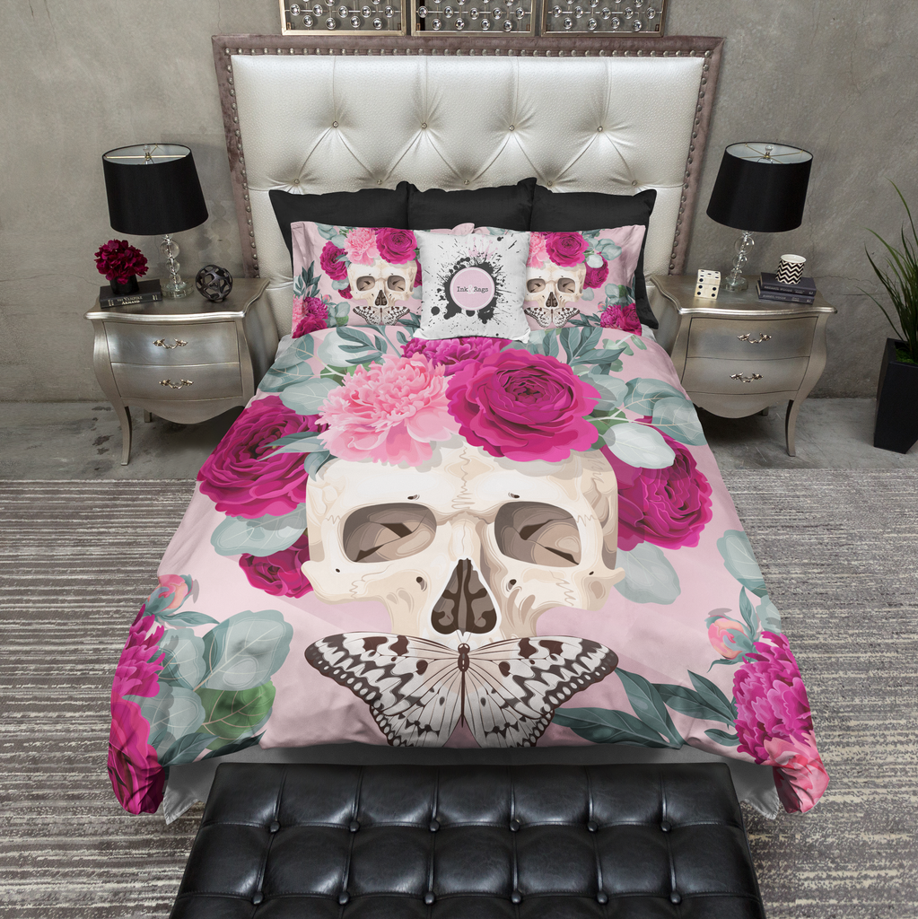 Powder Pink and Fuchsia Rose Butterfly Skull Bedding Collection