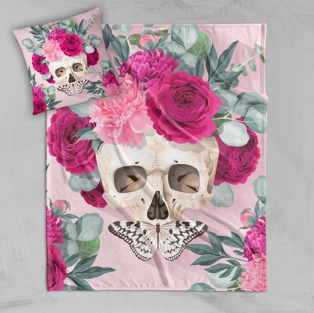 Powder Pink and Fuchsia Rose Butterfly Skull Decorative Throw and Pillow Cover Set