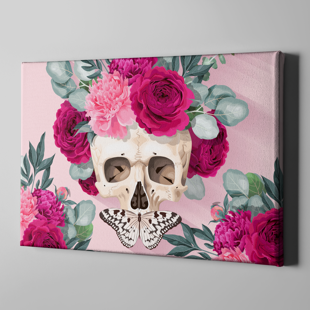 Powder Pink and Fuchsia Rose Butterfly Skull Gallery Wrapped Canvas