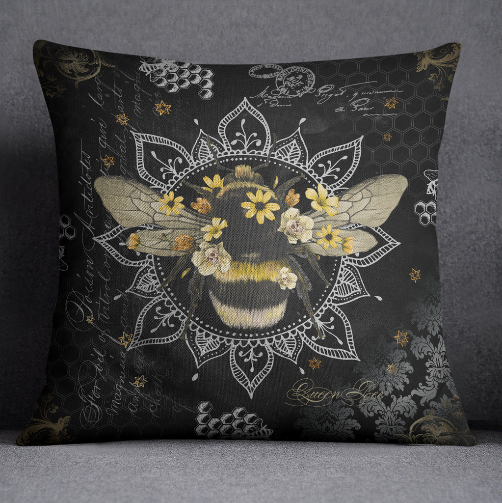 Poison Bee Mandala Skull Black Throw Pillow