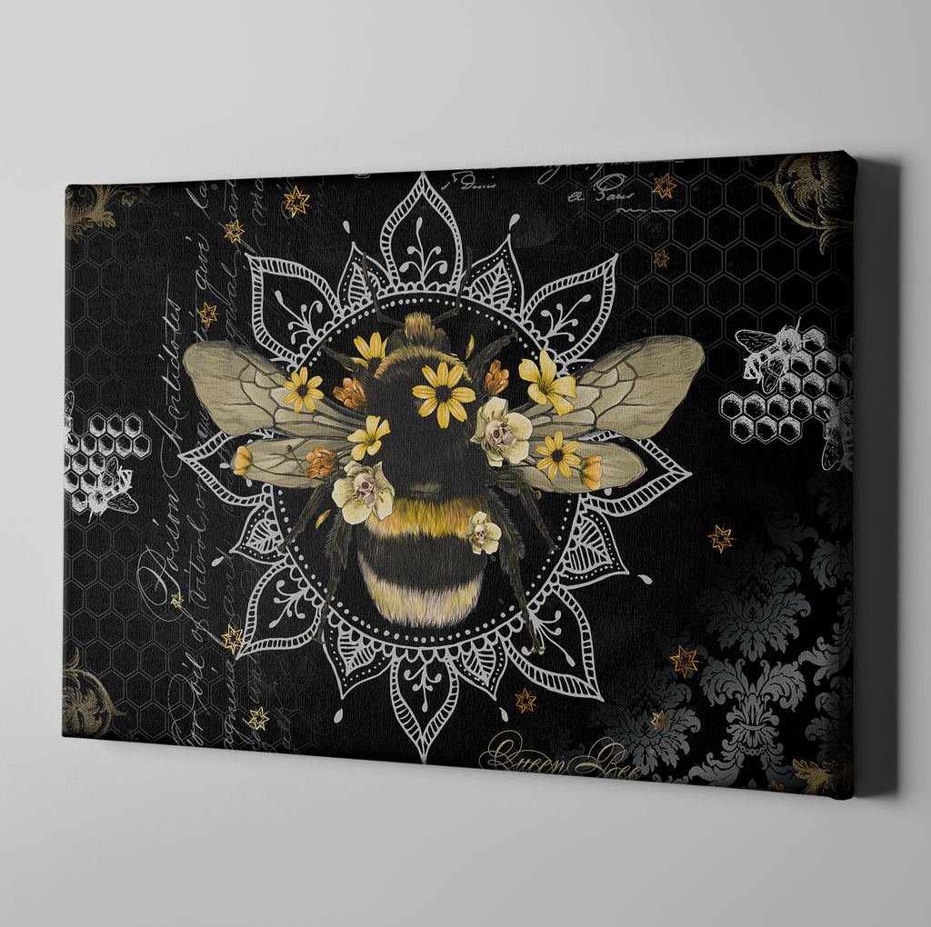 Poison Bee Mandala Skull Black Gallery Wrapped Canvas