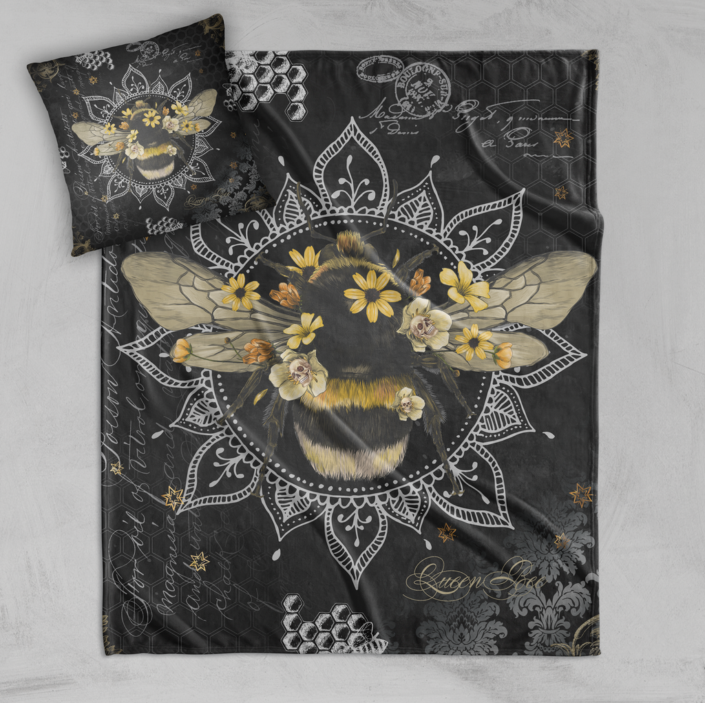 Poison Bee Mandala Skull Black Decorative Throw and Pillow Cover Set