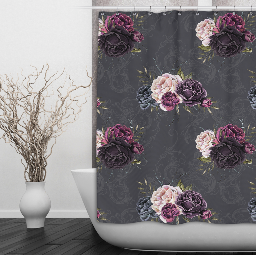 Forget Me Not Gothic Purple Rose Shower Curtains and Optional Bath Mats
