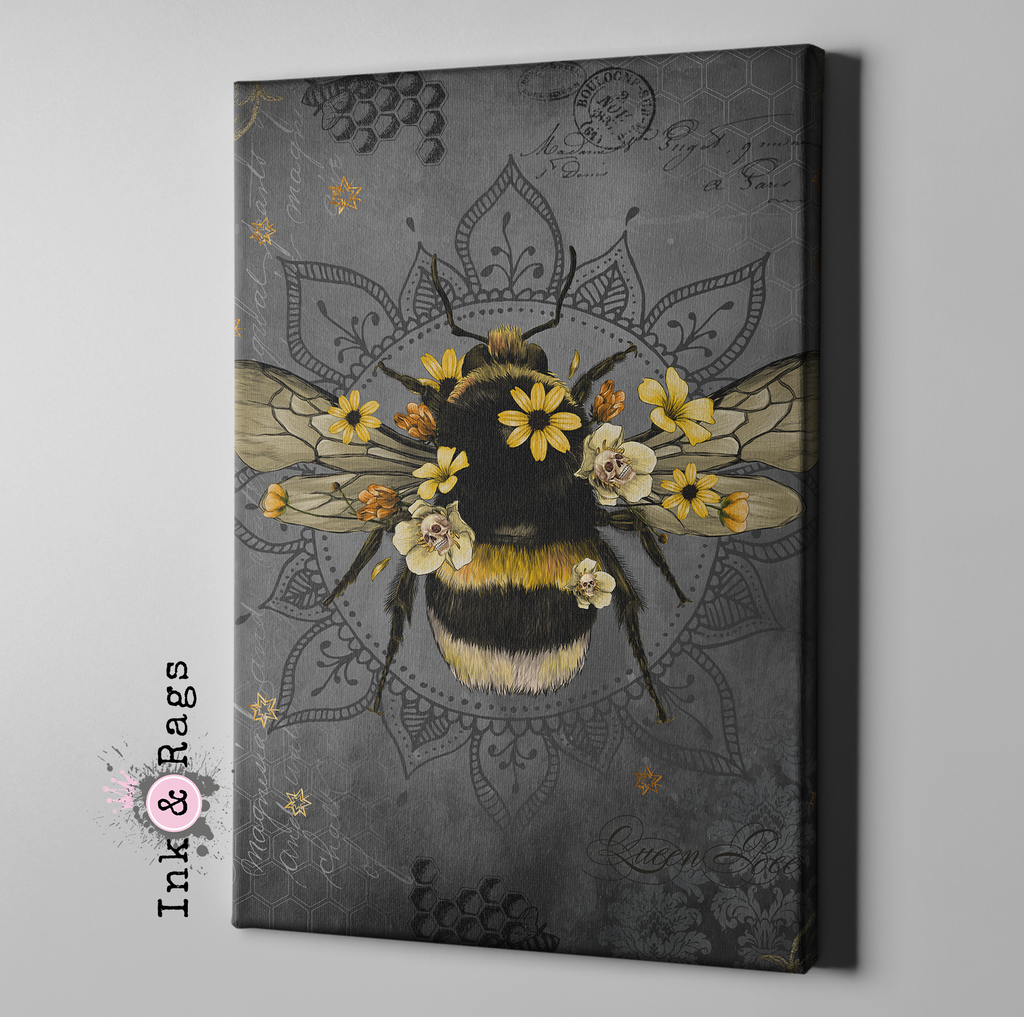 Poison Bee Mandala Skull Grey Gallery Wrapped Canvas