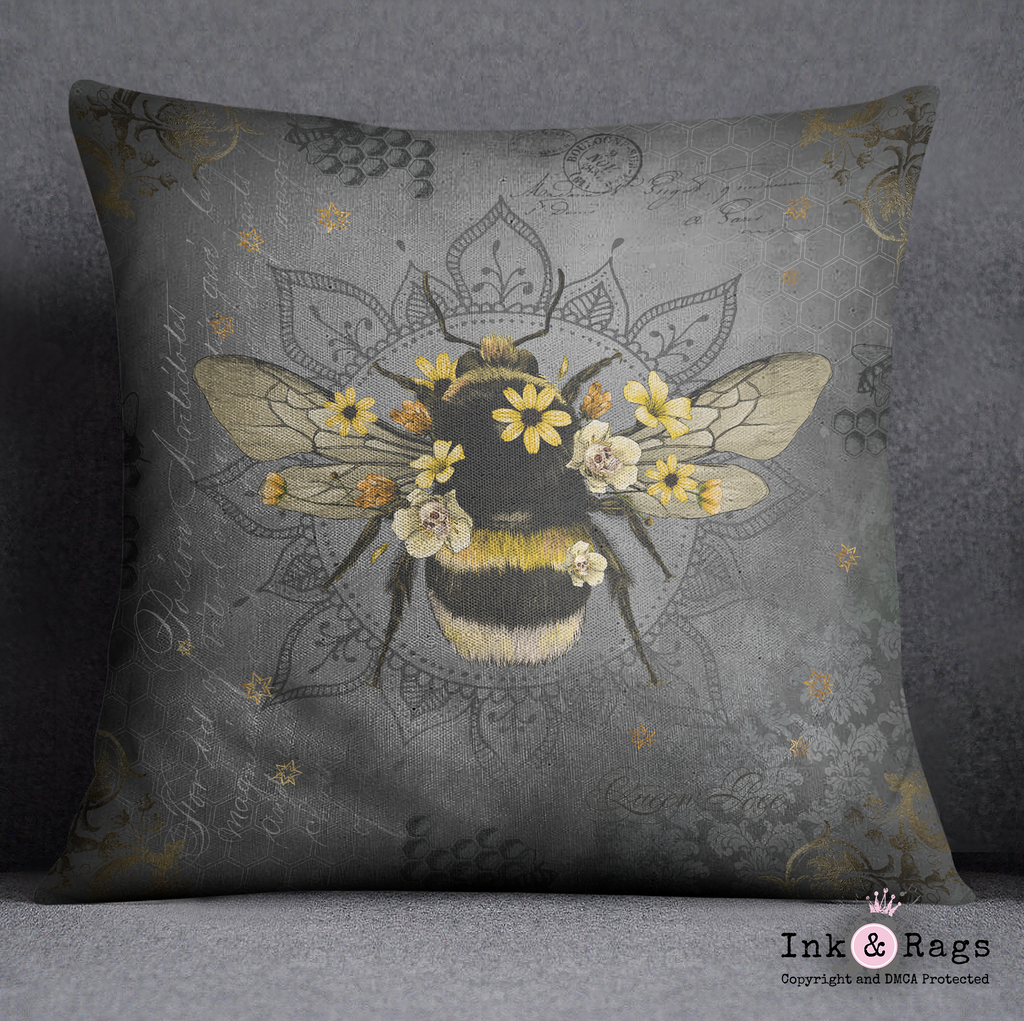 Poison Bee Mandala Skull Grey Throw Pillow