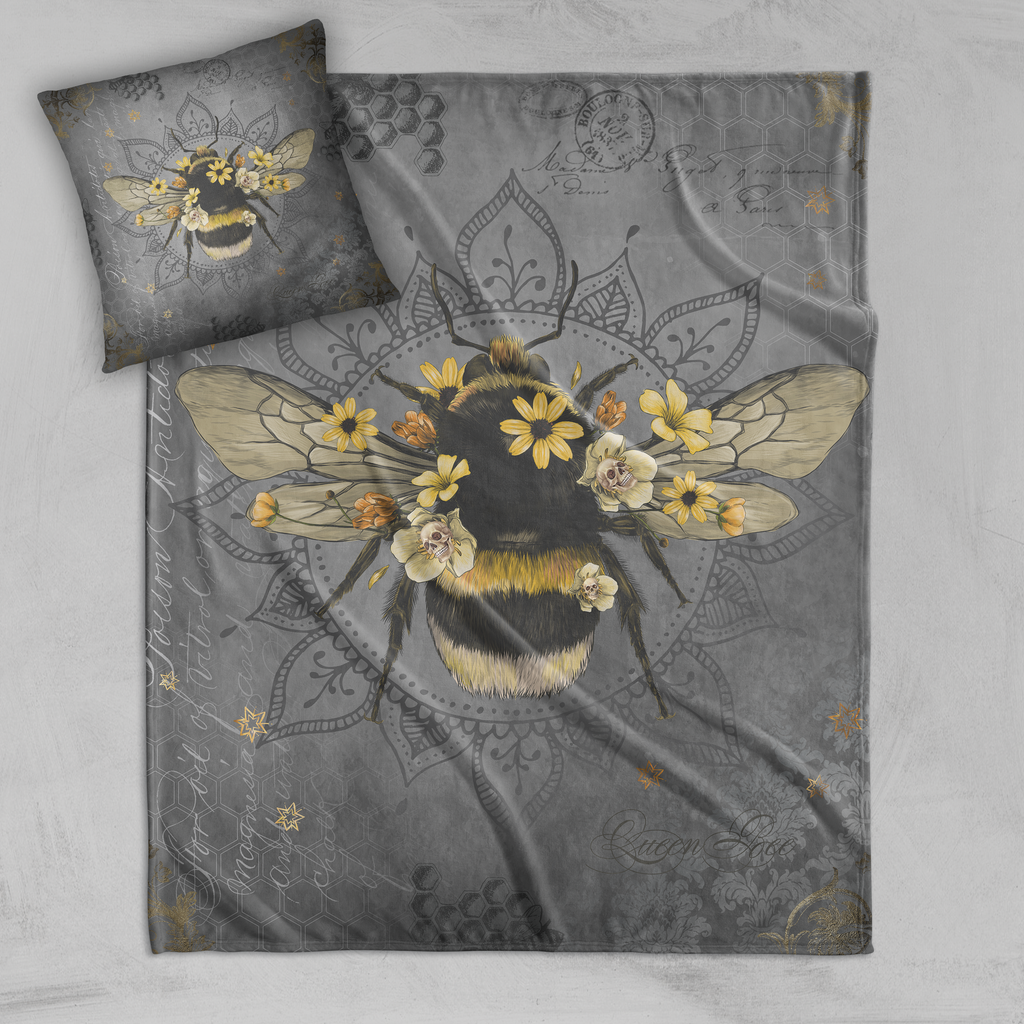 Poison Bee Mandala Skull Grey Decorative Throw and Pillow Cover Set