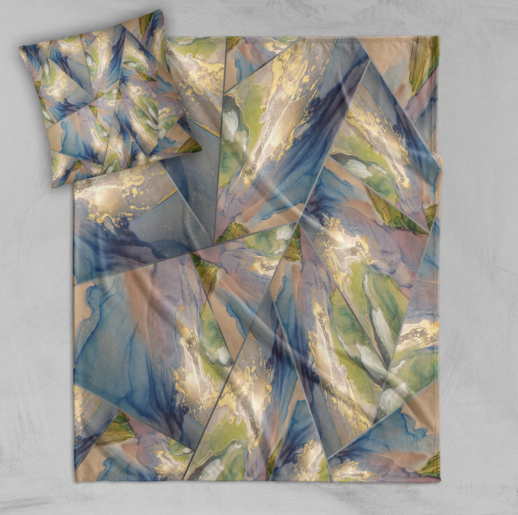 Blue Green Gold Geometric Stained Glass Decorative Throw and Pillow Cover Set