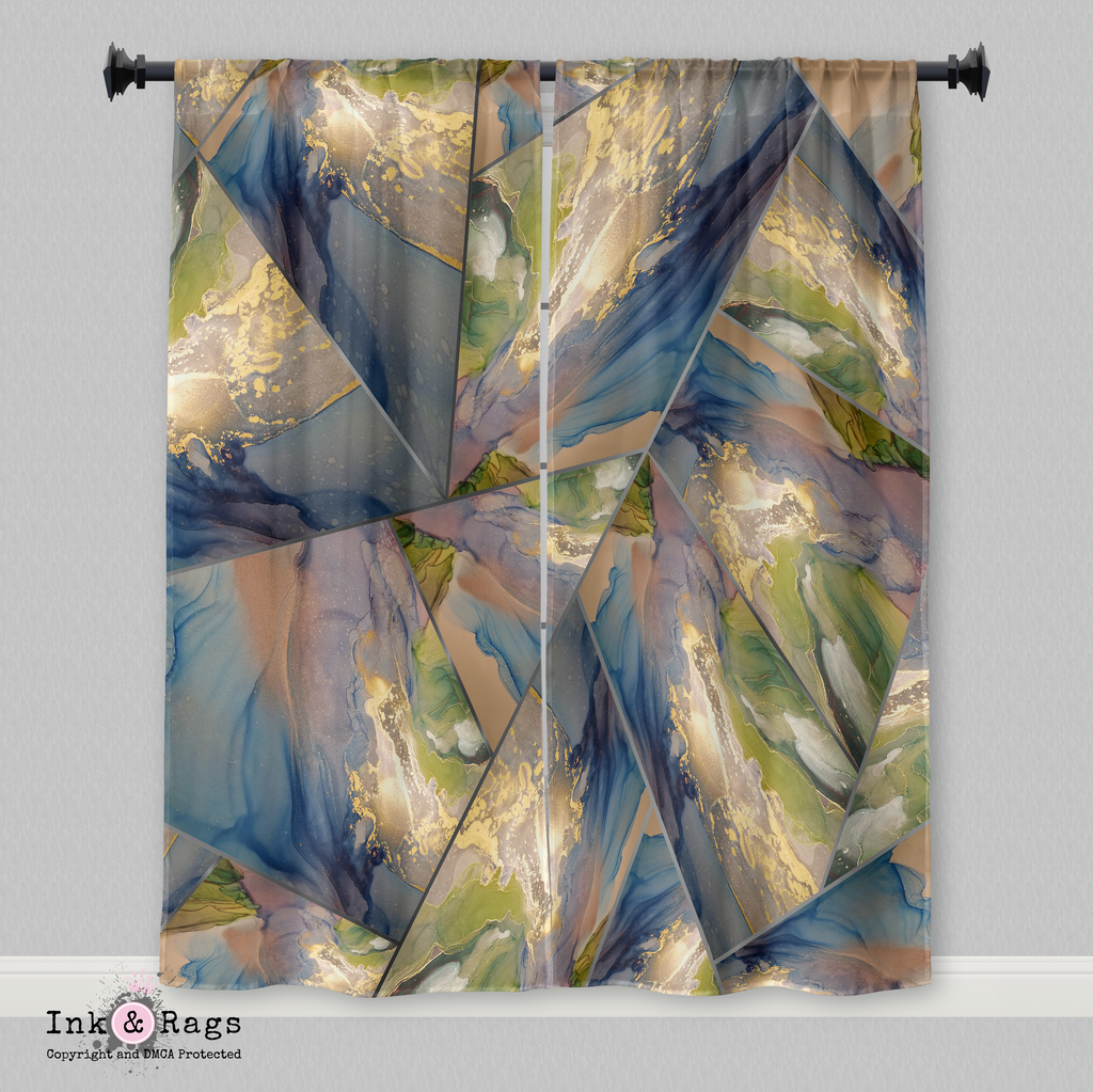 Blue Green Gold Geometric Stained Glass Curtains