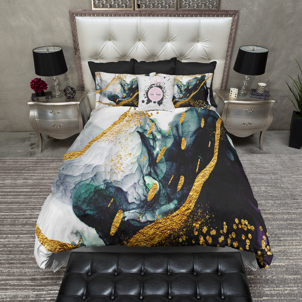 Emerald and Gold Abstract Oil Bedding Collection