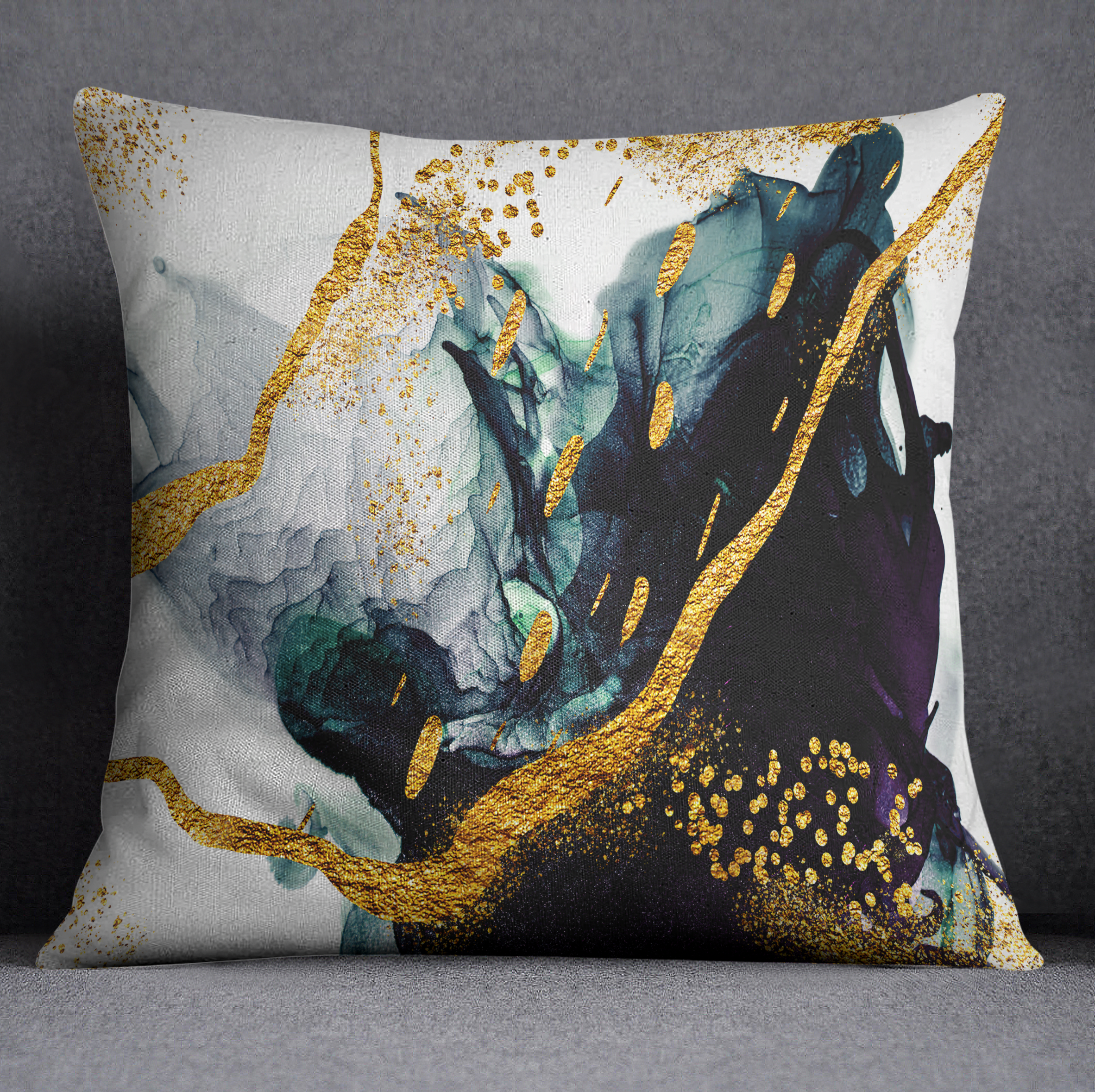 Emerald and Gold Abstract Oil Throw Pillow Ink and Rags