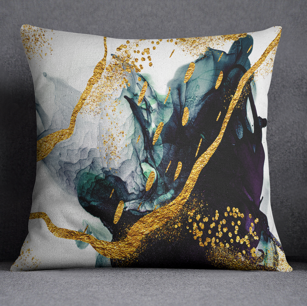 Emerald and Gold Abstract Oil Throw Pillow