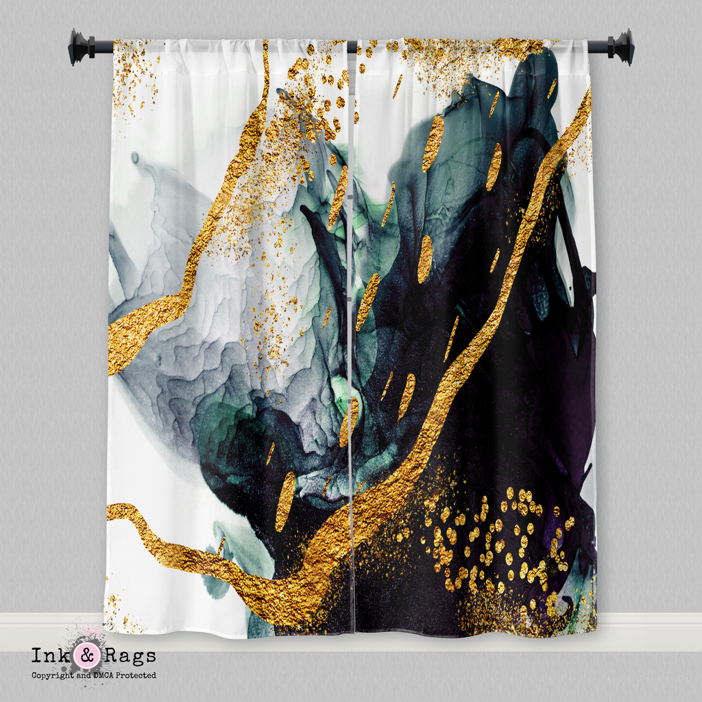 Emerald and Gold Abstract Oil Curtains