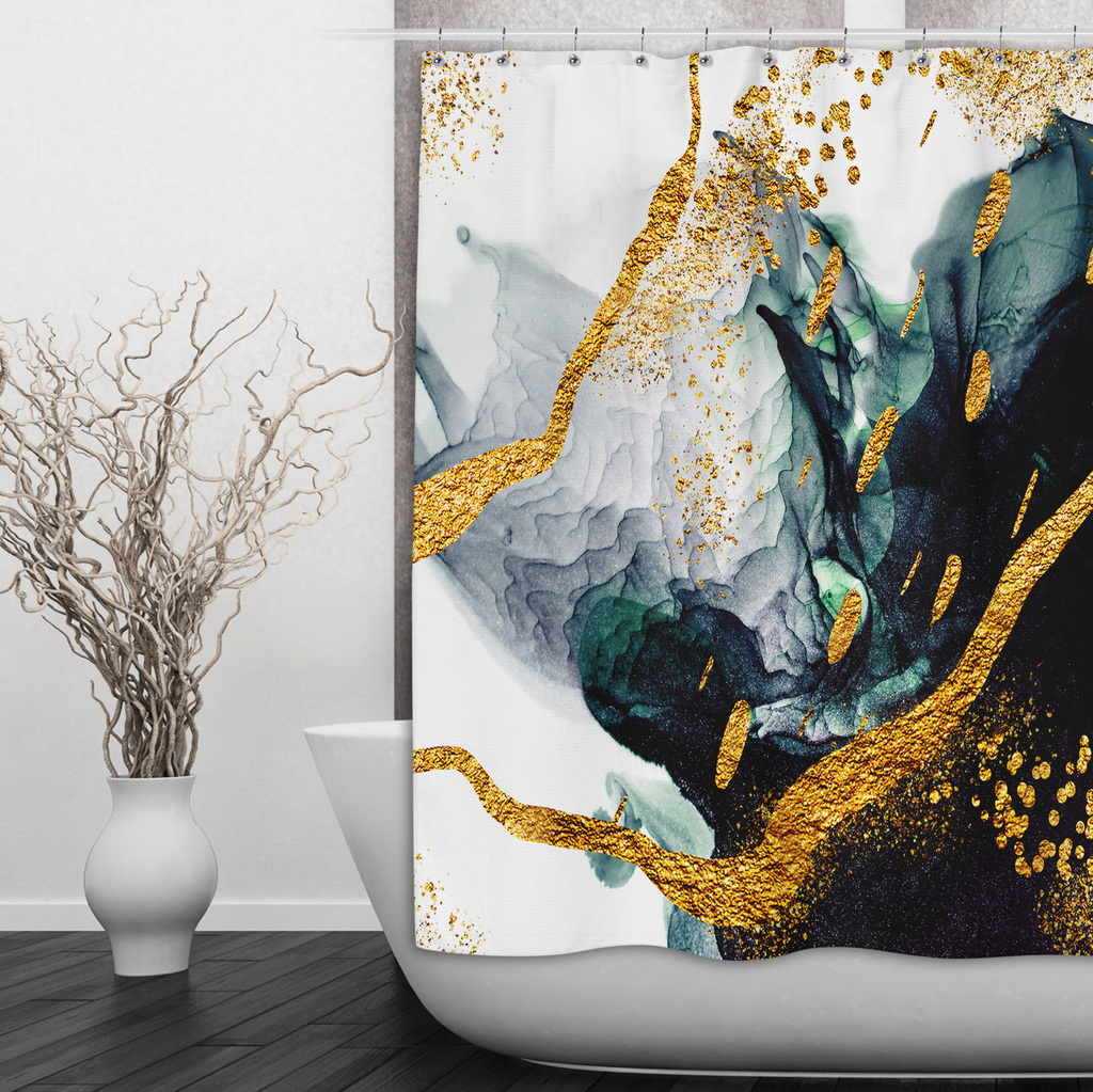 Emerald and Gold Abstract Oil Shower Curtains and Optional Bath Mats
