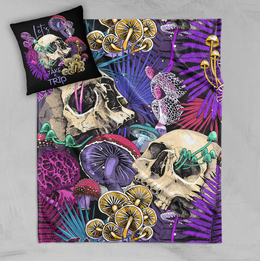 Lets Take a Trip Mushroom Skull Decorative Throw and Pillow Cover Set
