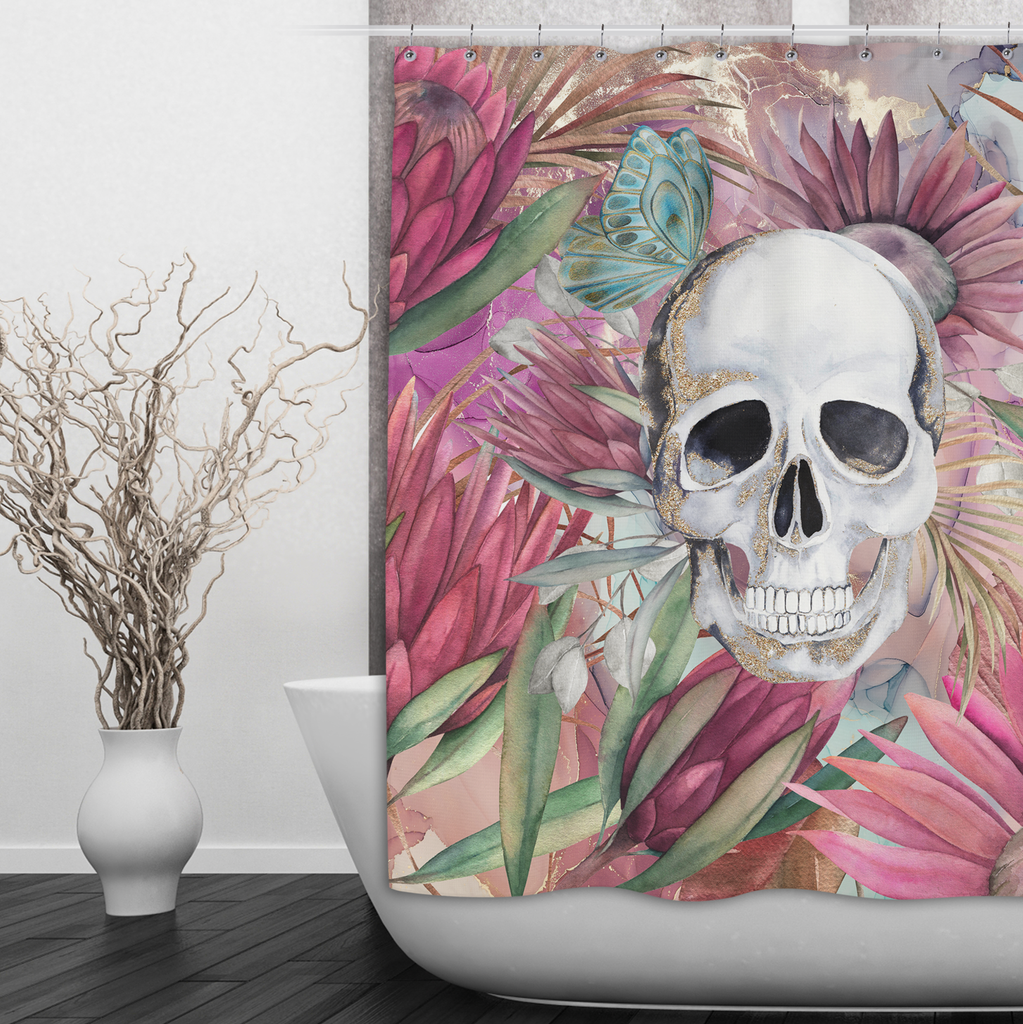 Sugarbush Butterfly Skull Shower Curtains and Optional Bath Mats