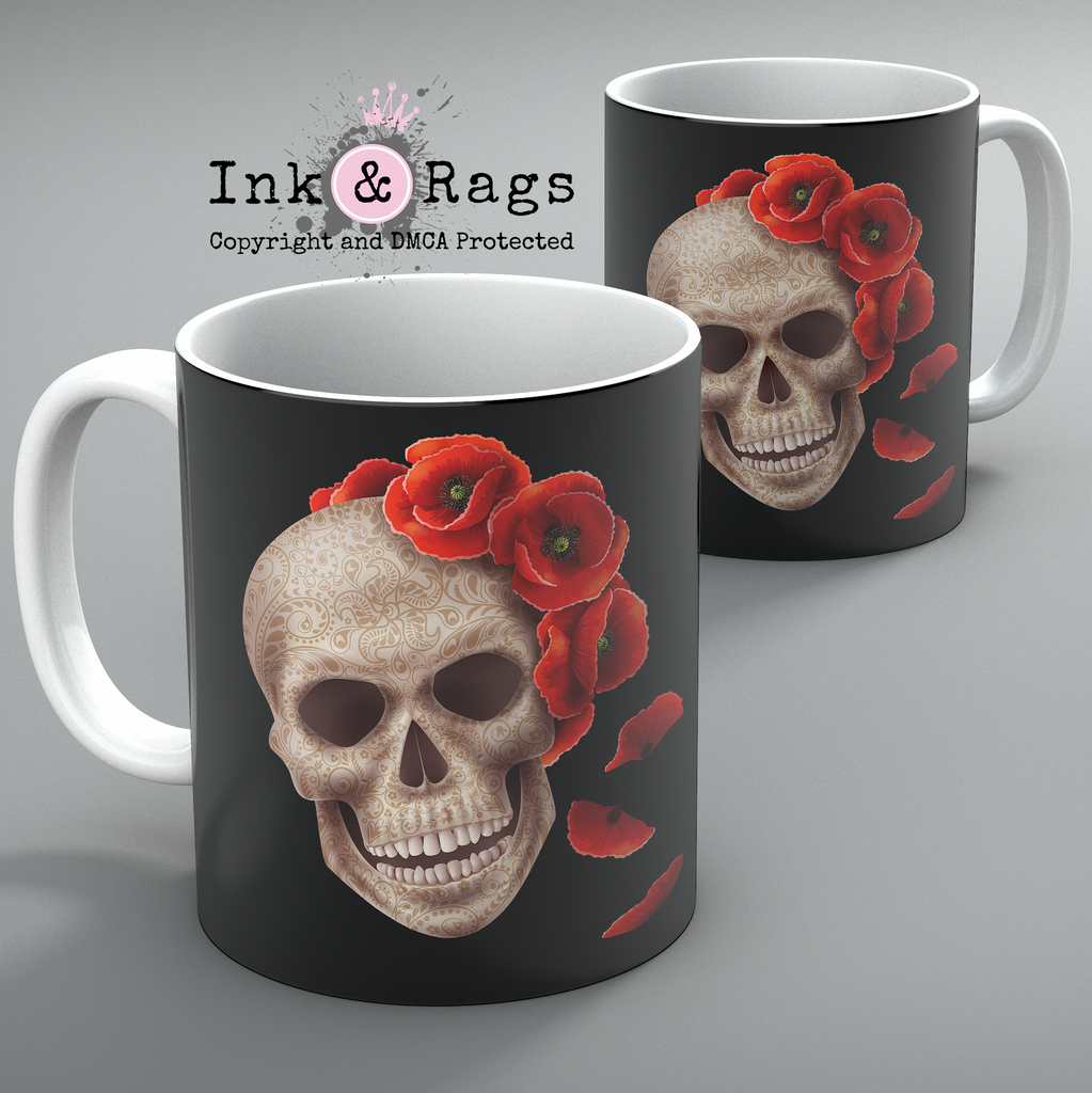 3D Henna Style Poppy and Skull Mug Set of 2