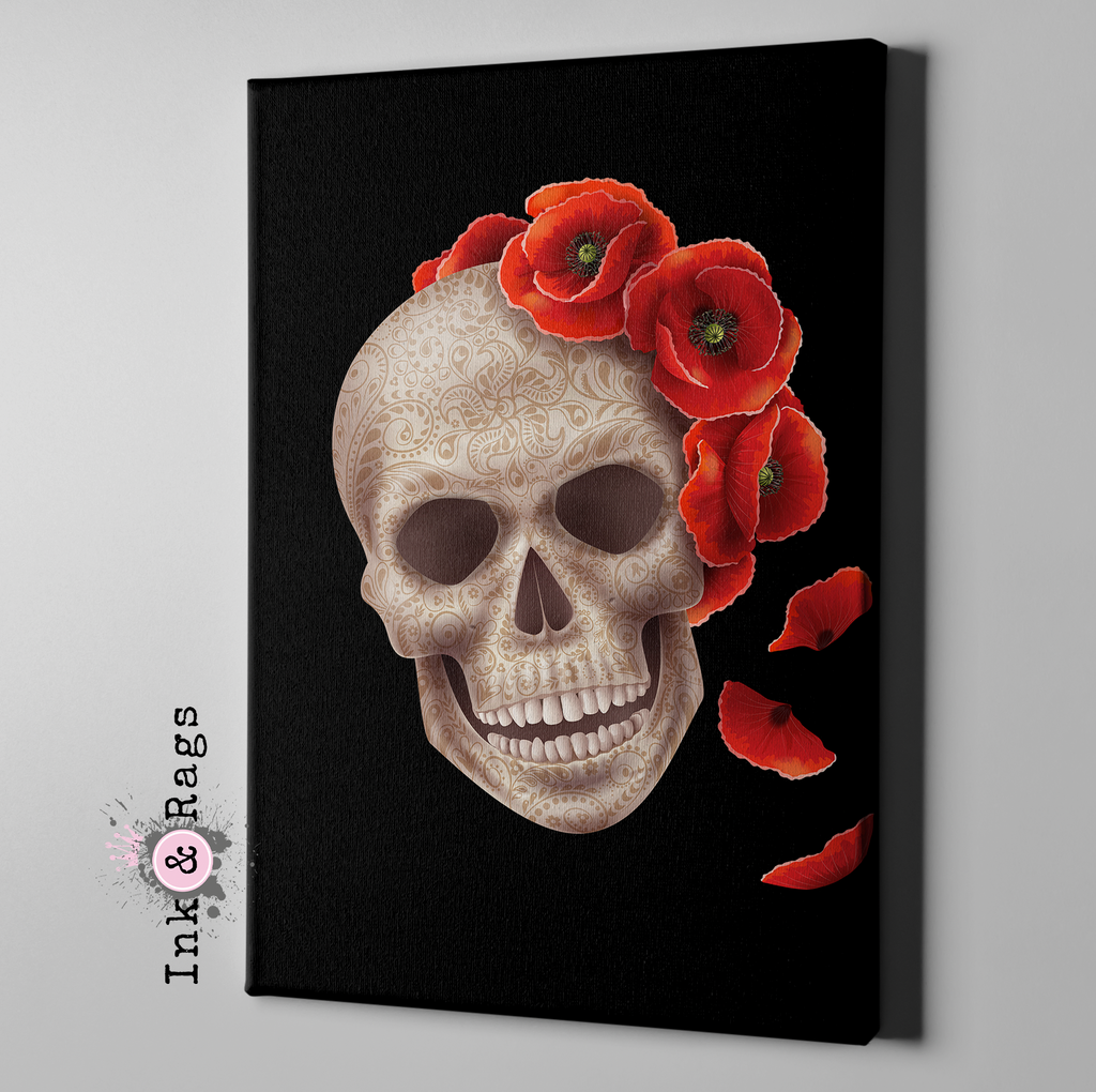 3D Henna Style Poppy and Skull Gallery Wrapped Canvas