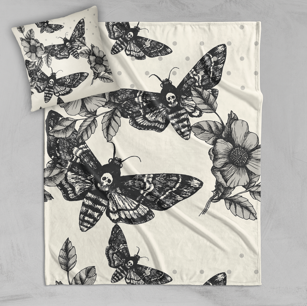Death Moth and Flower CREAM Decorative Throw and Pillow Cover Set