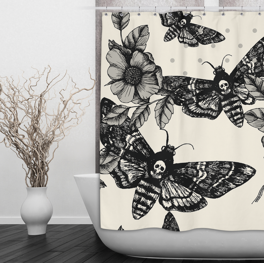 Death Moth and Flower CREAM Curtains and Optional Bath Mats