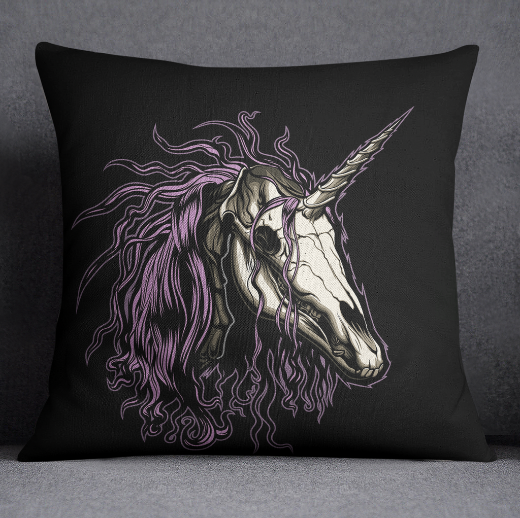 Purple Mane Wild Unicorn Skull Throw Pillow