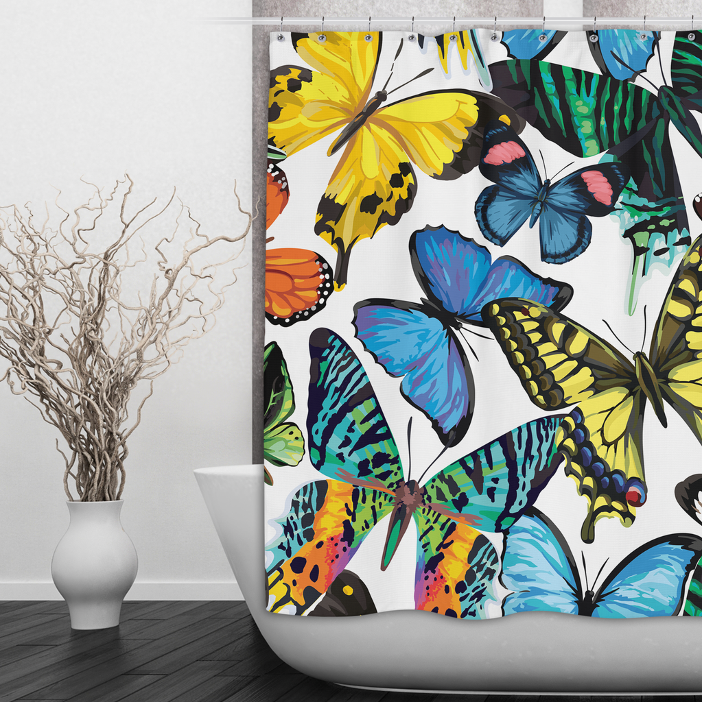 Technicolor Butterfly Shower Curtains and Optional Bath Mats