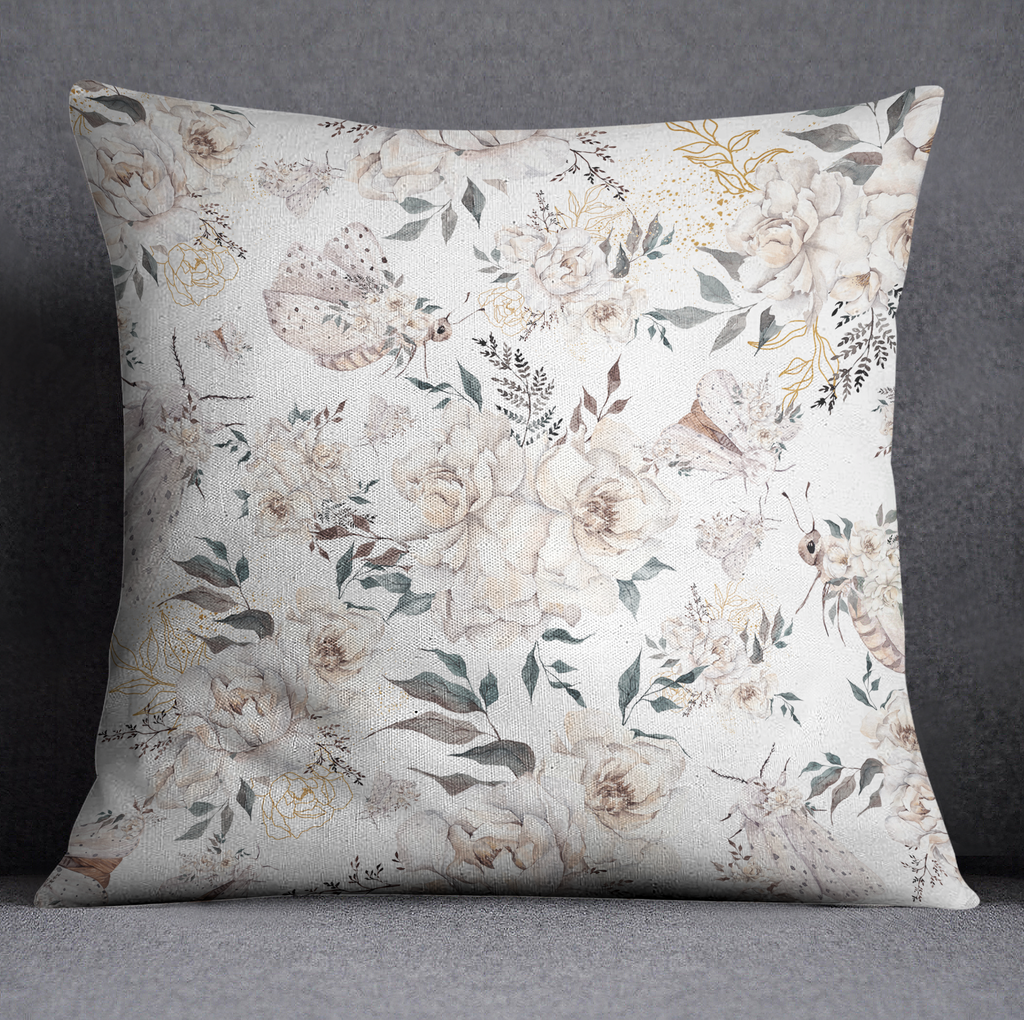White Night Moth and Flower Throw Pillow