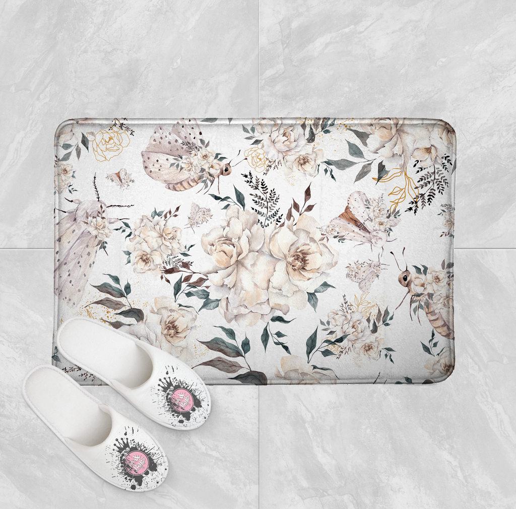 White Night Moth and Flower Shower Curtains and Optional Bath Mats