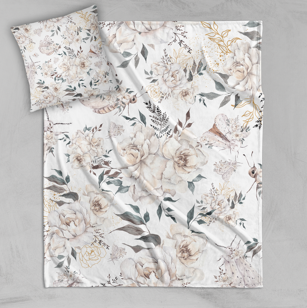 White Night Moth and Flower Decorative Throw and Pillow Cover Set