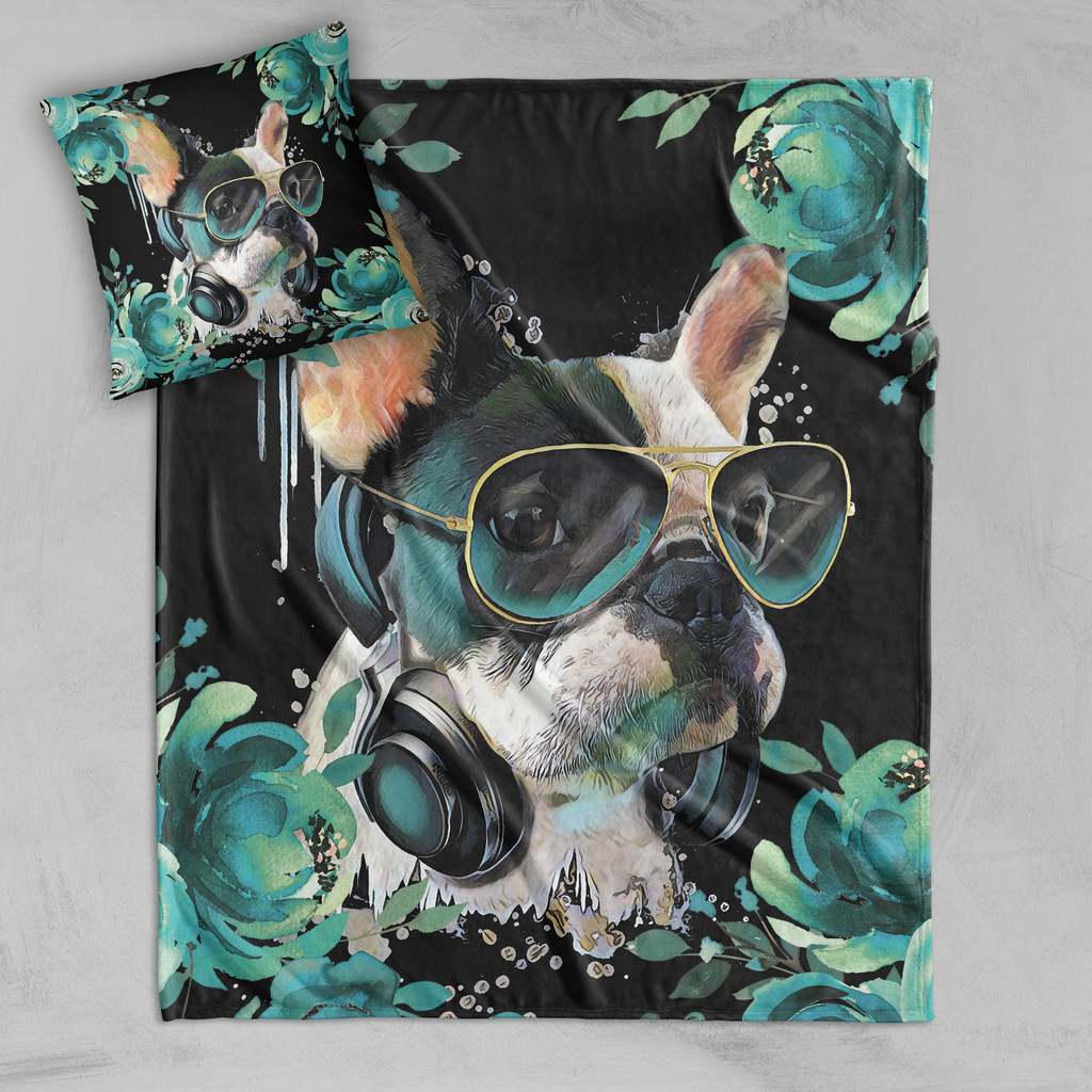 Teal Frenchie Decorative Throw and Pillow Cover Set