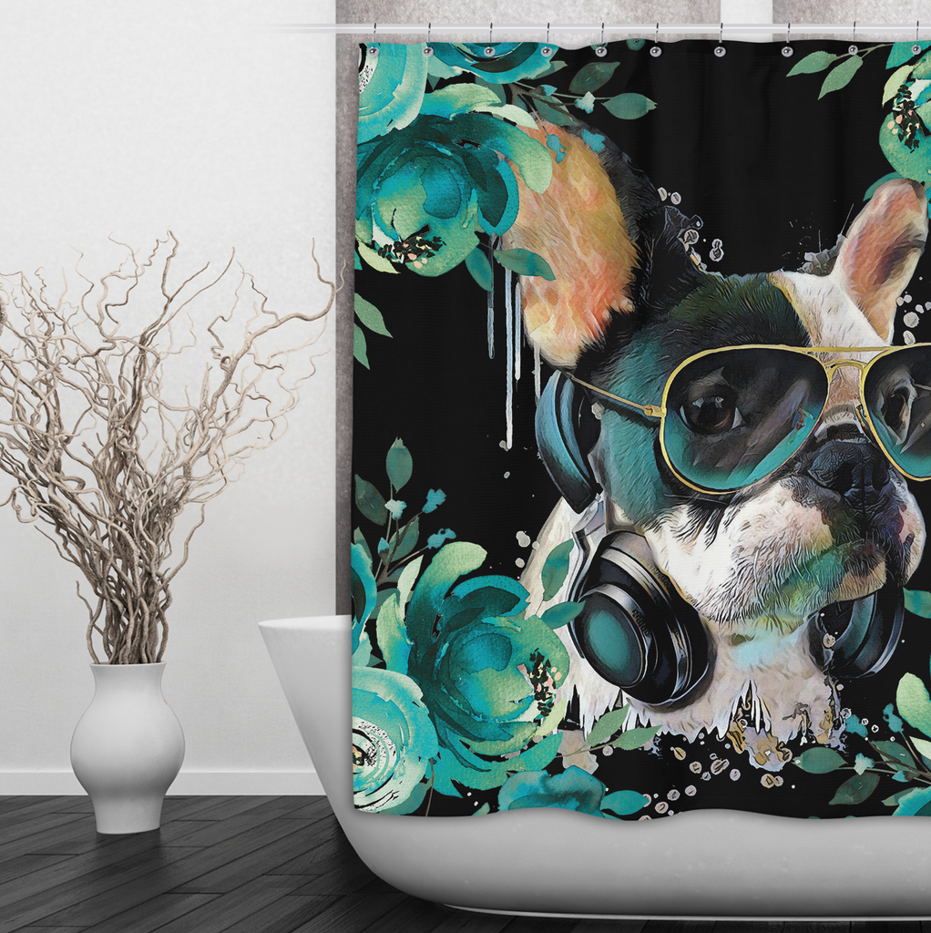Teal Frenchie Shower Curtains and Optional Bath Mats