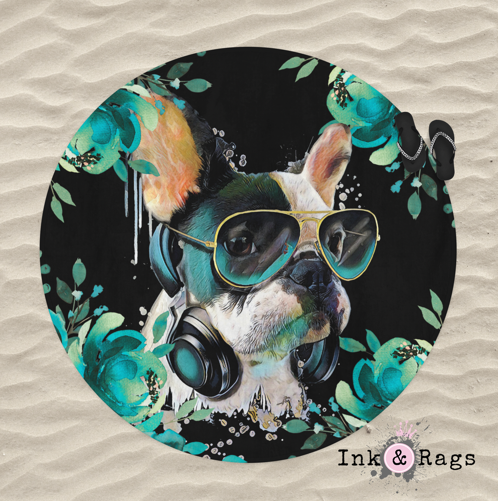 Teal Frenchie Round Beach Towel