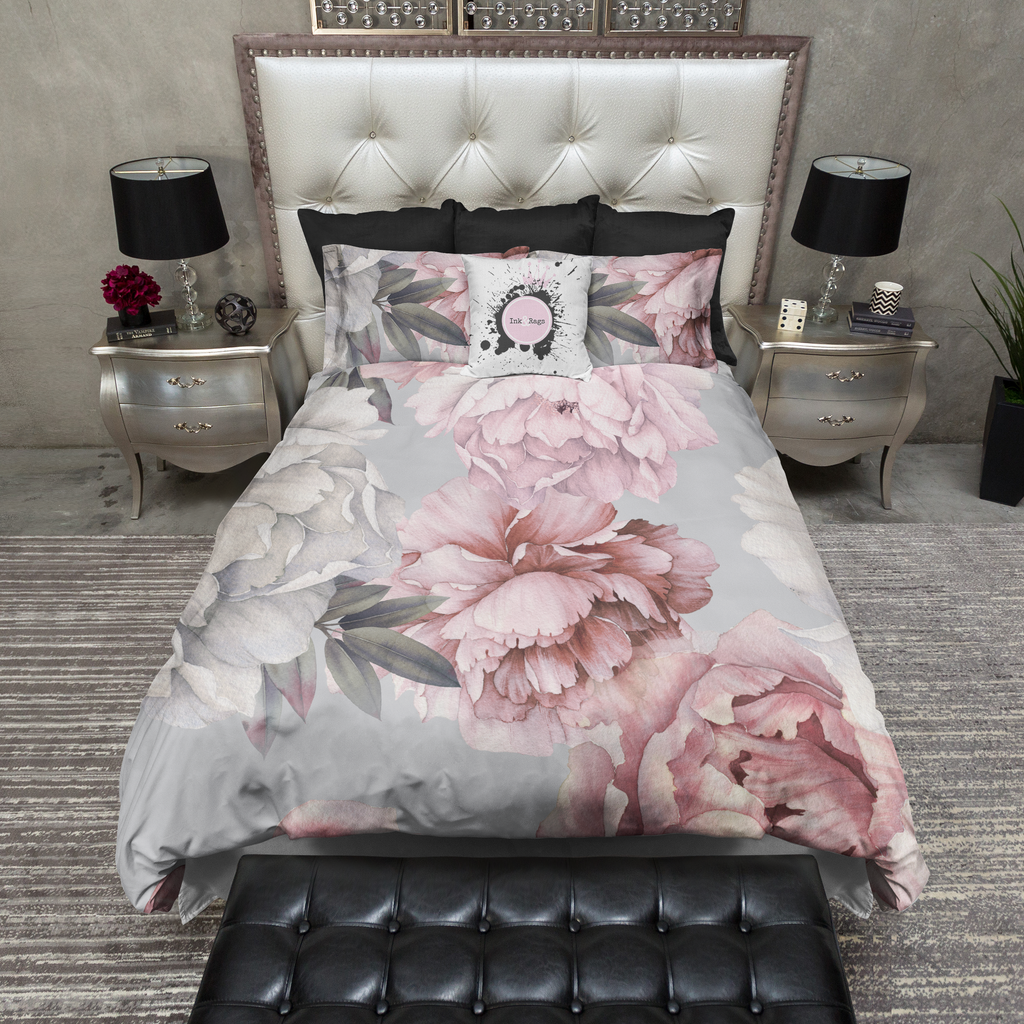 Pink and Grey Watercolor Peony Floral Bedding Collection
