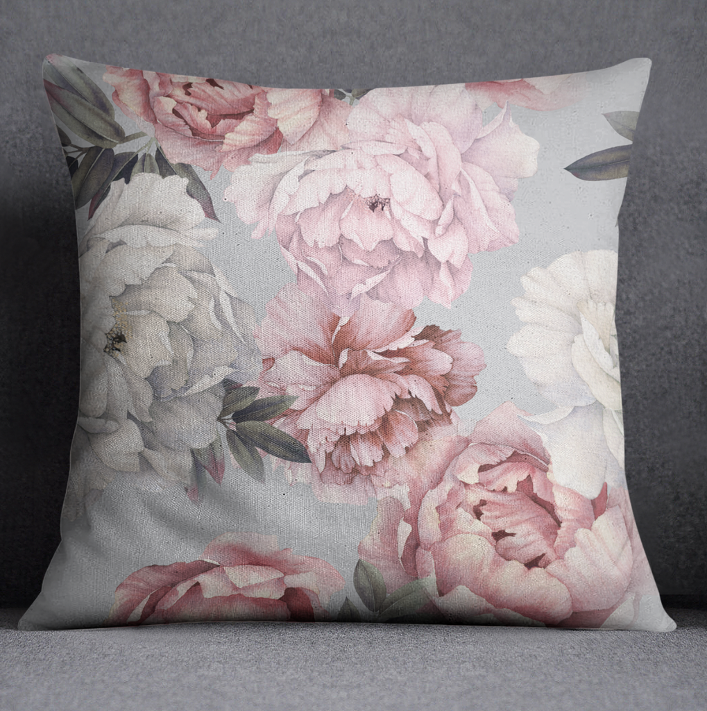 Pink and Grey Watercolor Peony Floral Throw Pillow