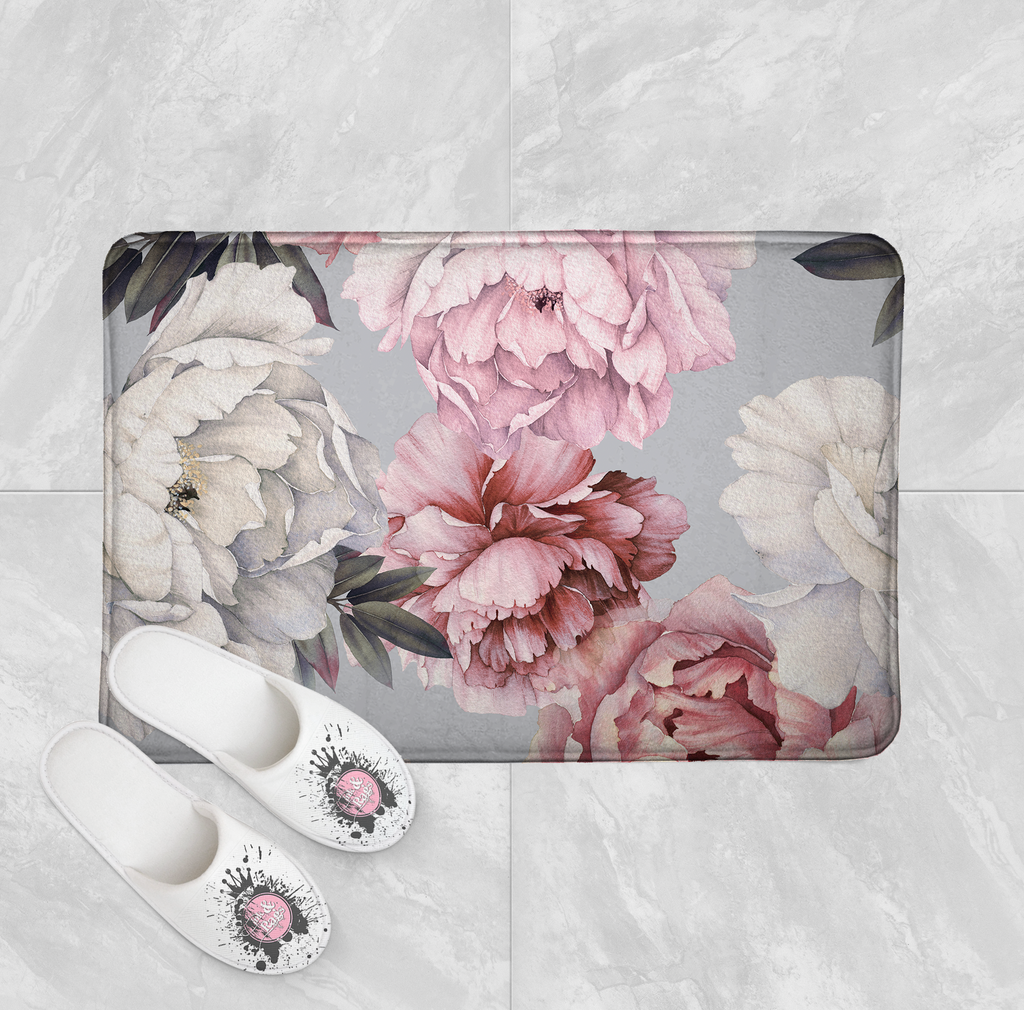 Pink and Grey Watercolor Peony Shower Curtains and Optional Bath Mats