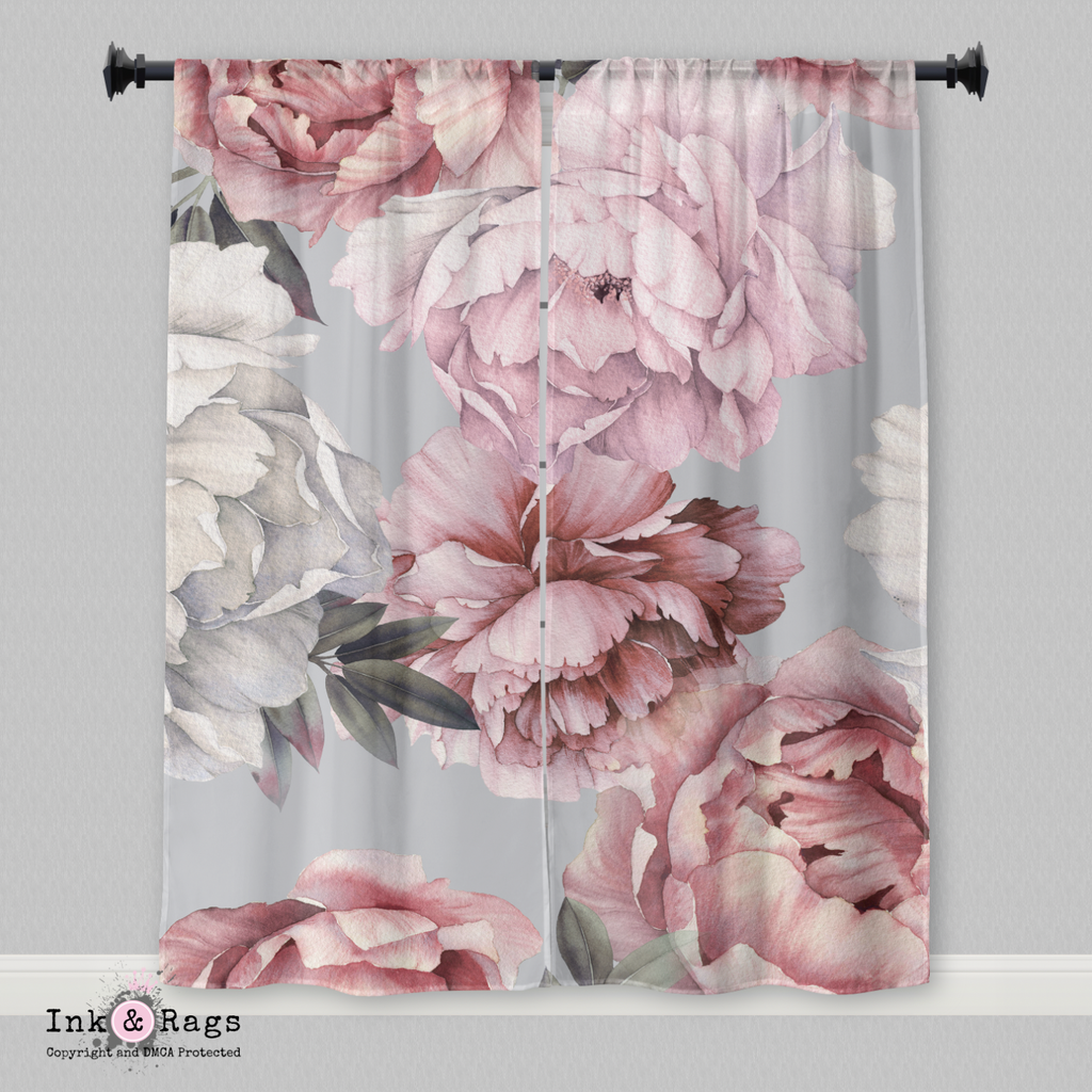 Pink and Grey Watercolor Peony Curtains