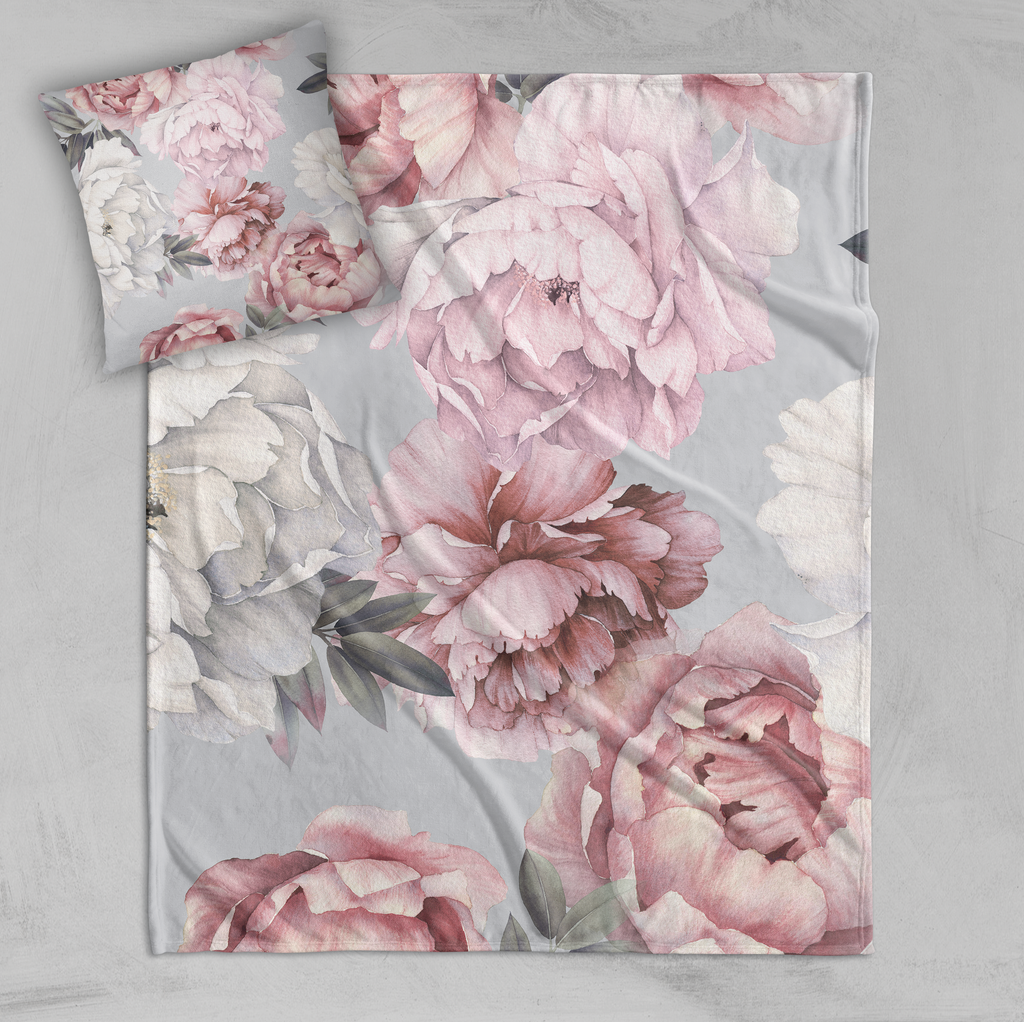 Pink and Grey Watercolor Peony Decorative Throw and Pillow Cover Set