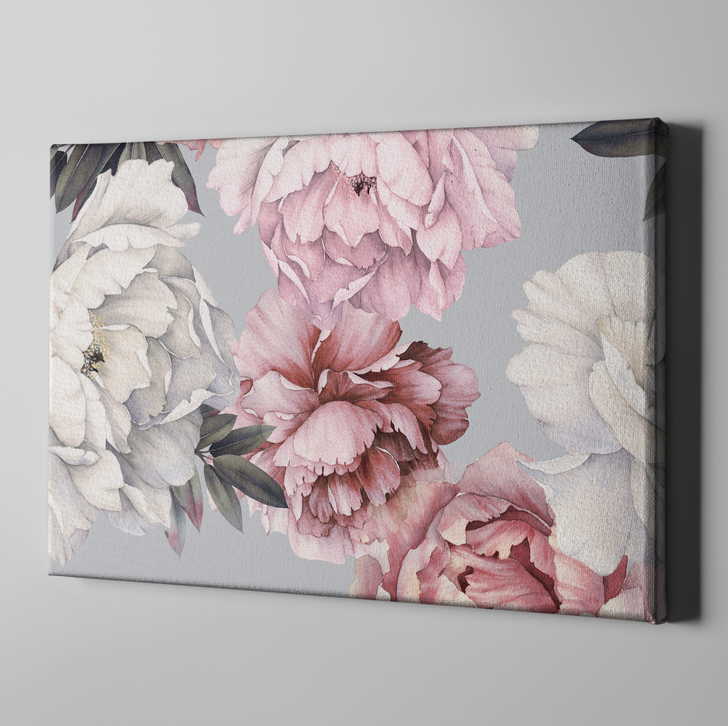 Pink and Grey Watercolor Peony Floral Gallery Wrapped Canvas