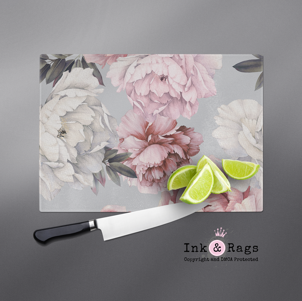 Pink and Grey Watercolor Peony Floral Cutting Boards