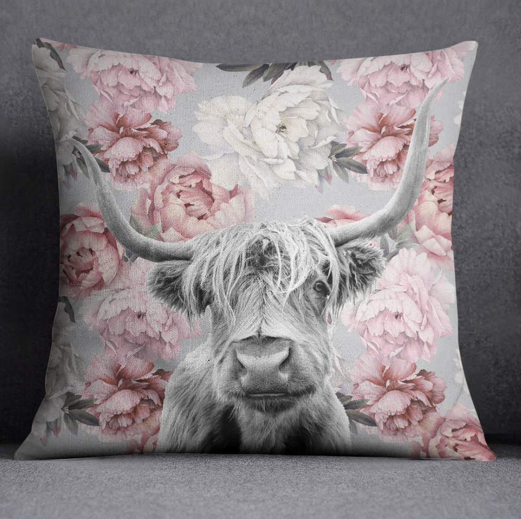 My Pretty Pink Scottish Longhorn Throw Pillow