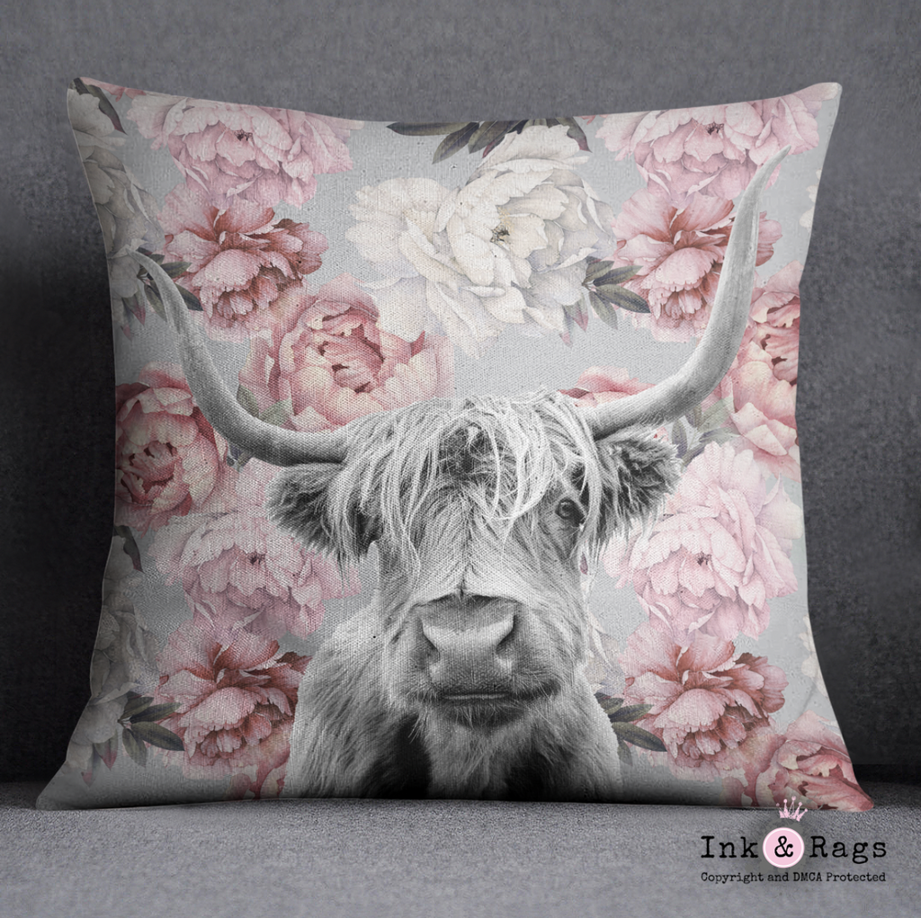 My Pretty Pink Scottish Longhorn Throw and Pillow Cover Set