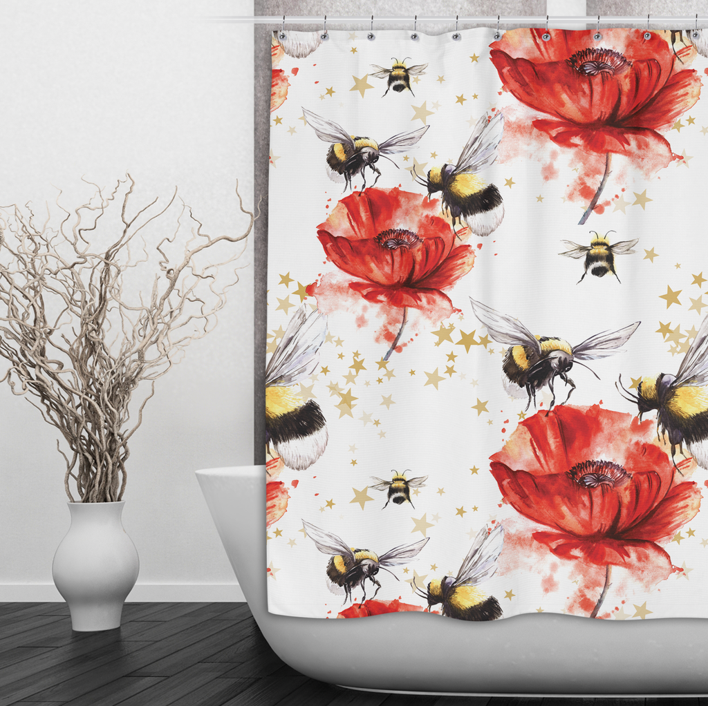 Sweet Bee Poppy Shower Curtains and Optional Bath Mats
