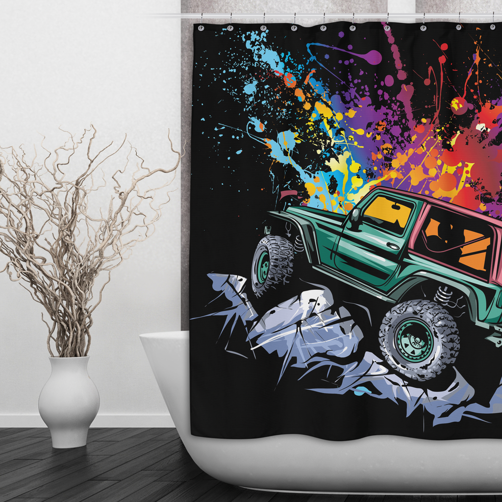 Neon Jeep Shower Curtains and Optional Bath Mats