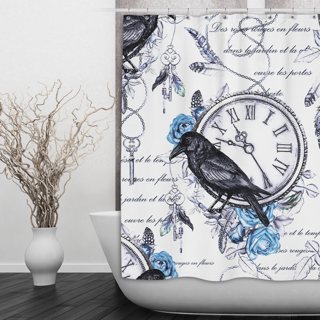 Vintage Blue Rose Raven Clock Boho Feather Shower Curtains and Optional Bath Mats