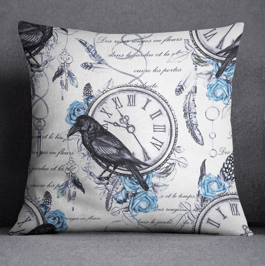 Vintage Blue Rose Raven Clock Boho Feather Throw Pillow