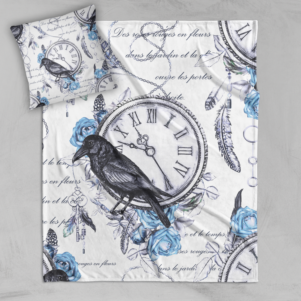Vintage Blue Rose Raven Clock Boho Feather Decorative Throw and Pillow Cover Set