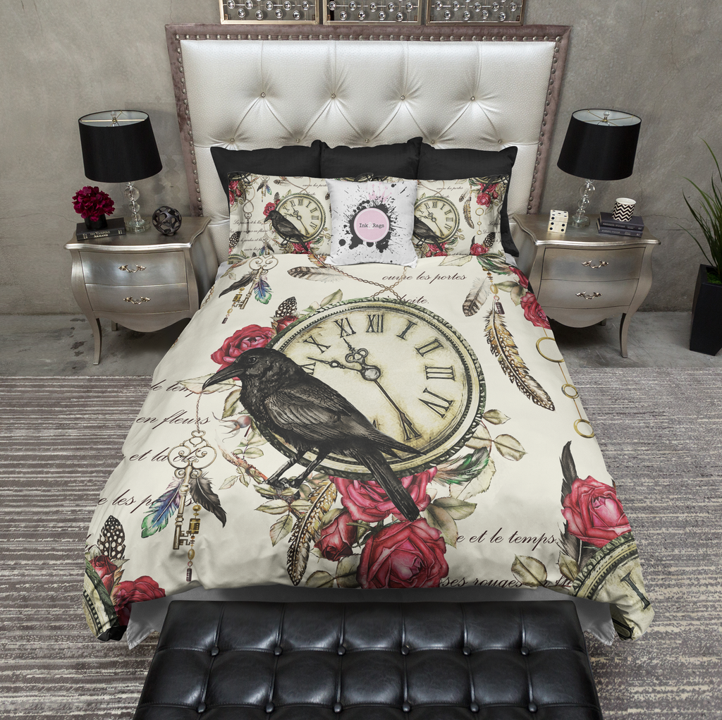 Vintage Red Rose Raven Clock Boho Feather CREAM Bedding Collection
