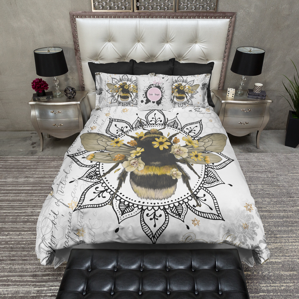 Poison Bee Mandala Skull White Bedding Collection